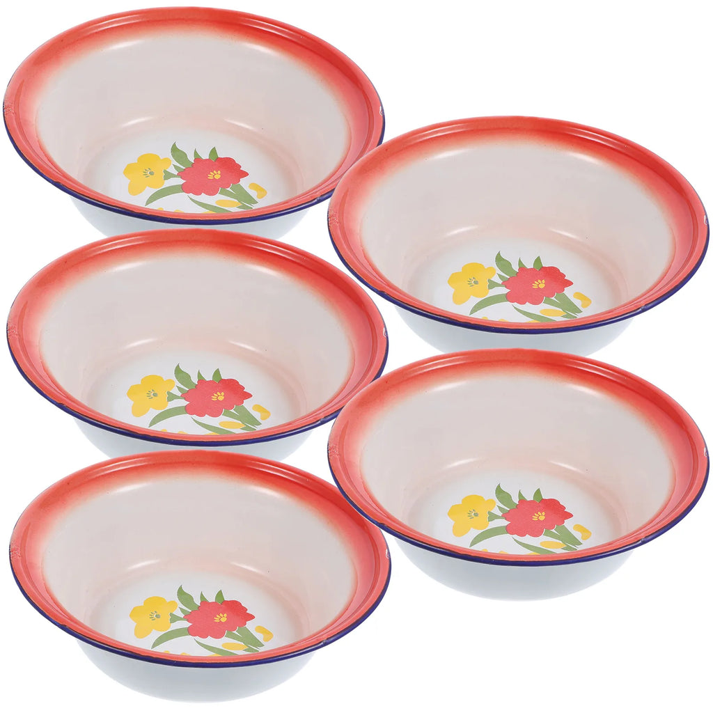 5Pcs Enamelware Bowls Vintage Pattern Multi-Use Soup Salad Mixing Bowl Set for Household Camping Enamel Food Bowl