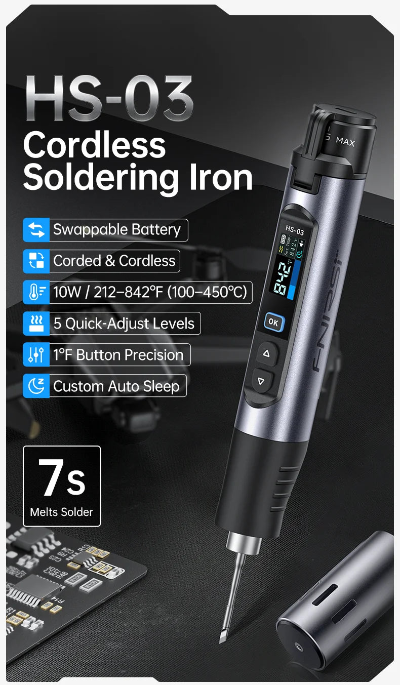 FINIRSI HS03 Cordless Soldering Iron, 100-450°C Replaceable Battery Continuous Soldering Wired/Wireless Modes Compatible T210