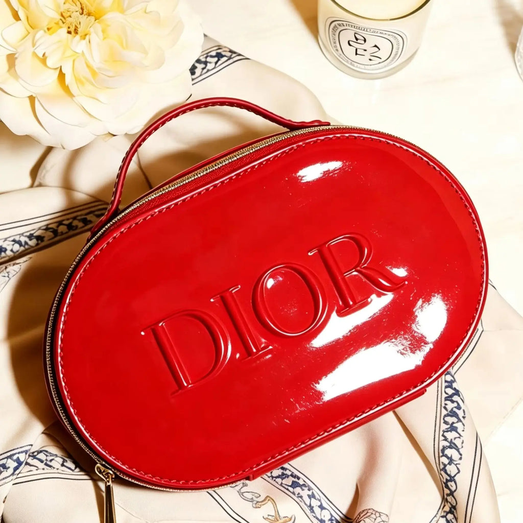 Dior Dior’s Bag Luxury Glossy Bright Red Oval Handheld Makeup Organizer Pouch Patent Leather Embossed Logo Waterproof Travel Cos