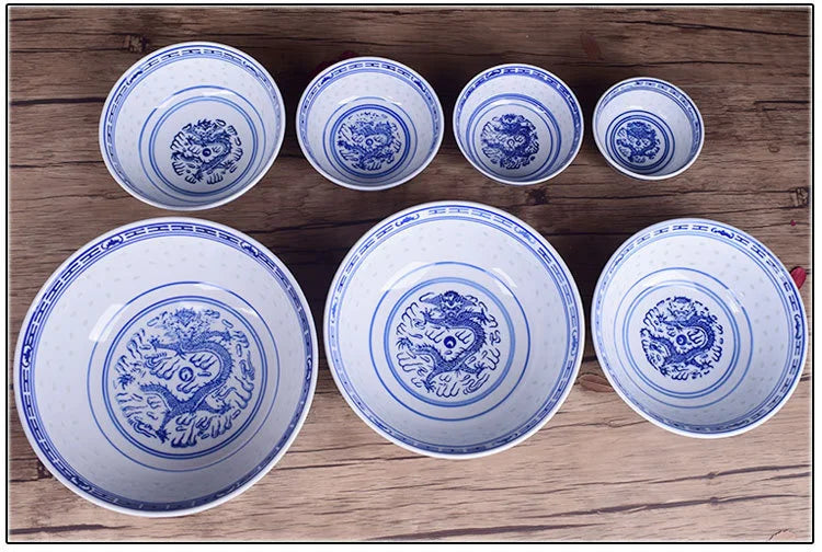 Ceramic Tableware Blue And White Porcelain Ramen Soup Bowl Chinese Rice Bowls Dragon Pattern Vintage Dinnerware