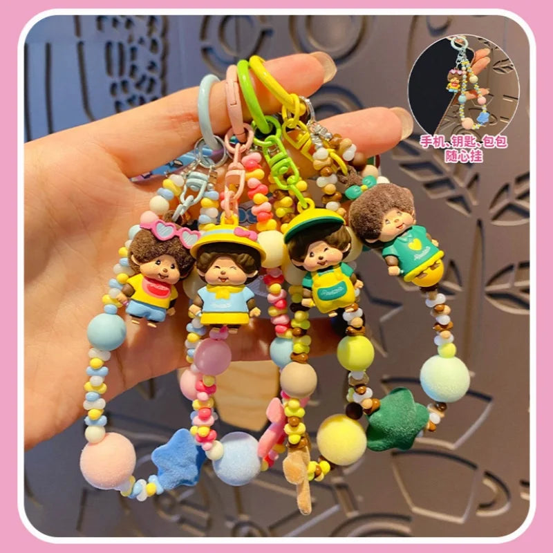 Genuine Monchhichi Flocked Beaded Keychain, Cute Cartoon Mini Monchhichi Figurine Charm, Women’s Bag  Phone Strap