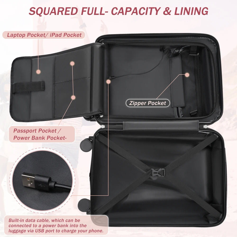 Hardside 5PCS Luggage Set with Bags 20" Half-opening Carry on With USB Port Expandable 24" 28" Double Spinner Wheels TSA Lock