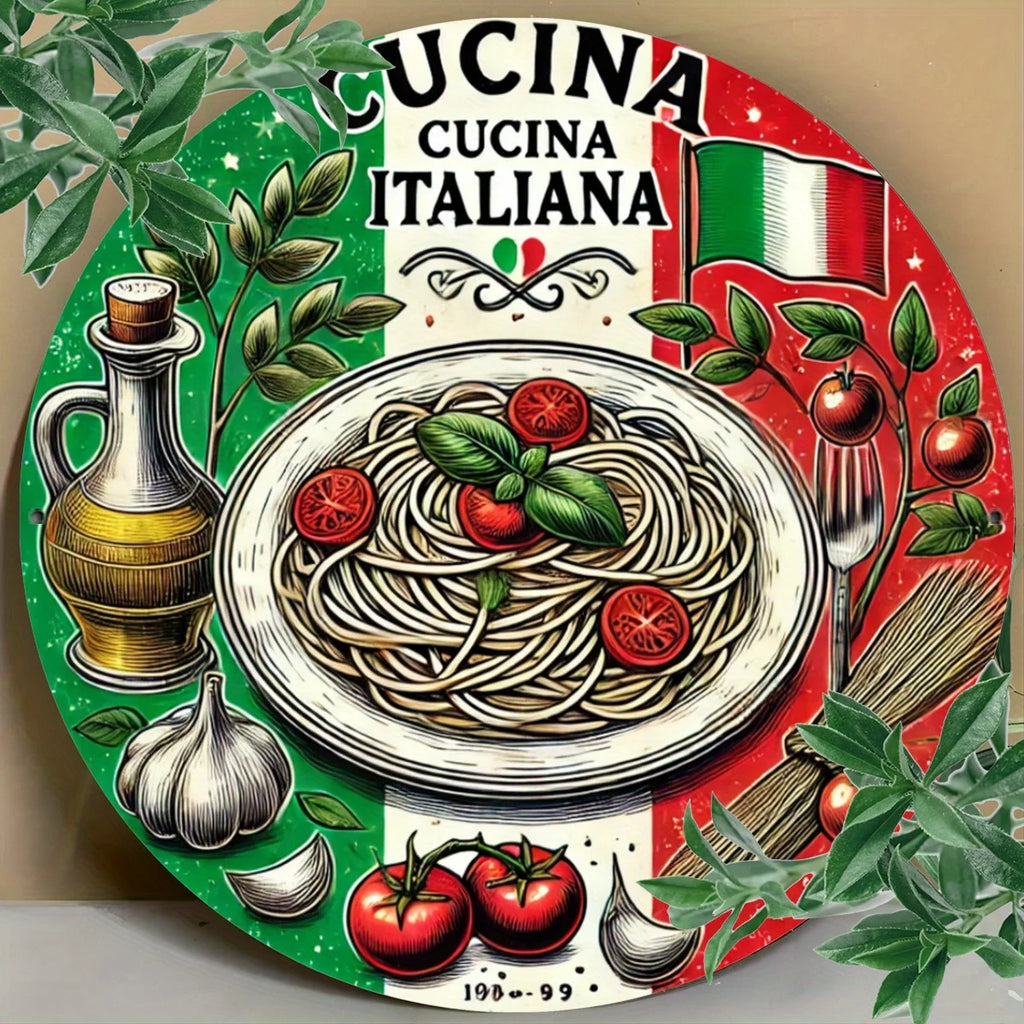 1pc Italian Cuisine Round Metal Sign - Rustic Aluminum Wall Art with HD Print, Waterproof & Rust-Resistant, Vintage Spaghetti &