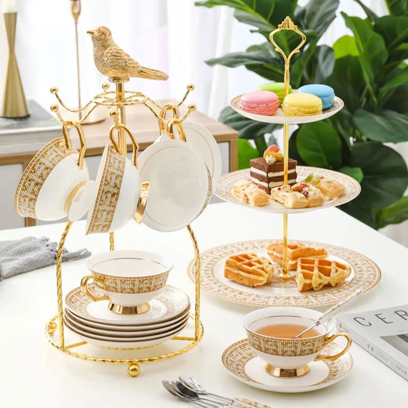 Ceramic Flower Teacup Vintage Luxury Coffee Cups GoldPlated Tea Set Combination Royal Afternoon Tea Set Kitchen Tableware Gift