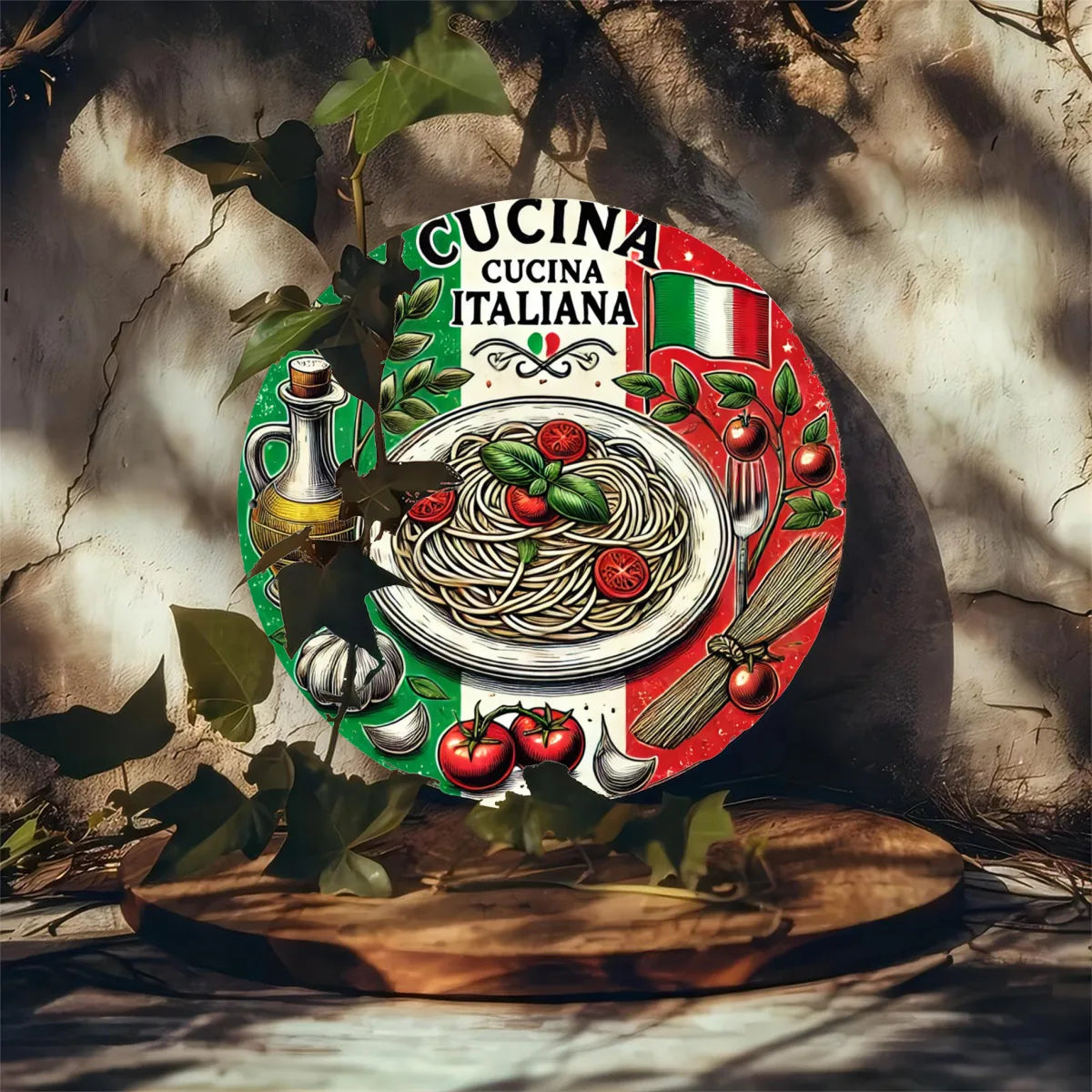 1pc Italian Cuisine Round Metal Sign - Rustic Aluminum Wall Art with HD Print, Waterproof & Rust-Resistant, Vintage Spaghetti &