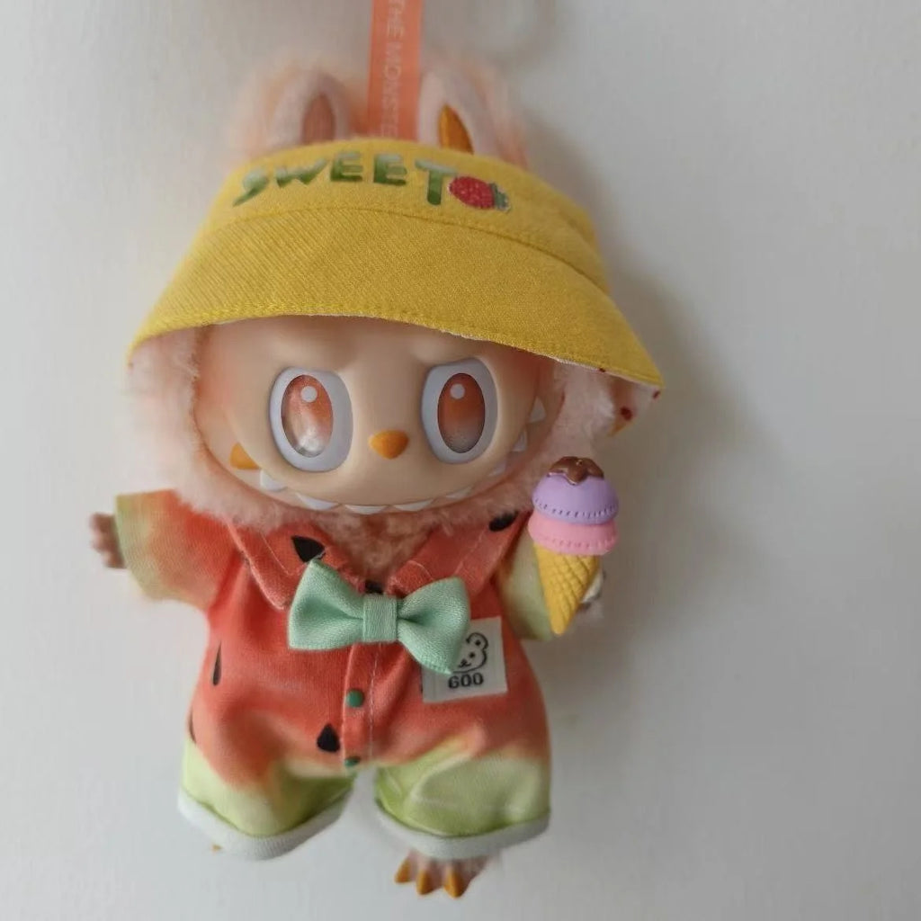 Labubu 3.0 17cm Doll Clothes Watermelon Jumpsuit With Sweet Bucket Hat Bow Tie Outfit For Labubu Vinyl Doll Dress Up Accessory
