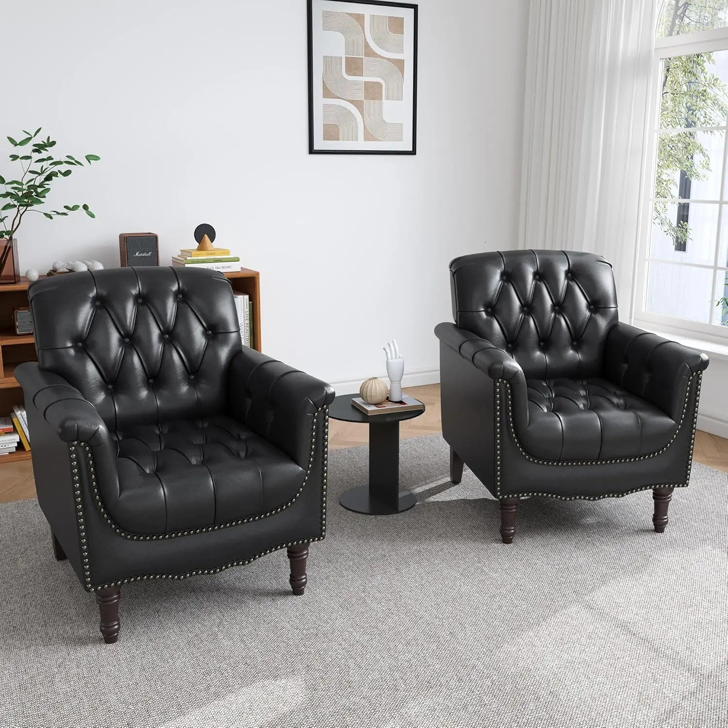 Faux Leather Accent Chairs Set of 2, Comfy Club Chair Upholstered Armchair for Living Room, Button Tufted Arm Chair, Customized