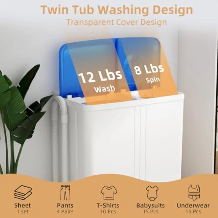 Portable Washing Machine 20Lbs Compact Twin Tub Laundry Washer with Builtin Drain Pump SemiAutomatic 12Lbs Washer and 8Lbs Spin