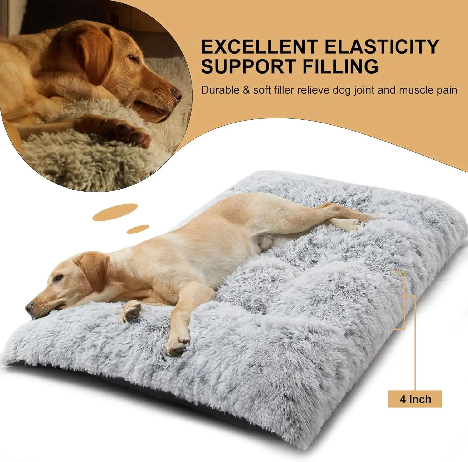 Large Dog Bed, Plush Cozy Kennel Pad with Anti-Slip Bottom for Anxiety Relief and Sleep, Washable Grey Pet Mat