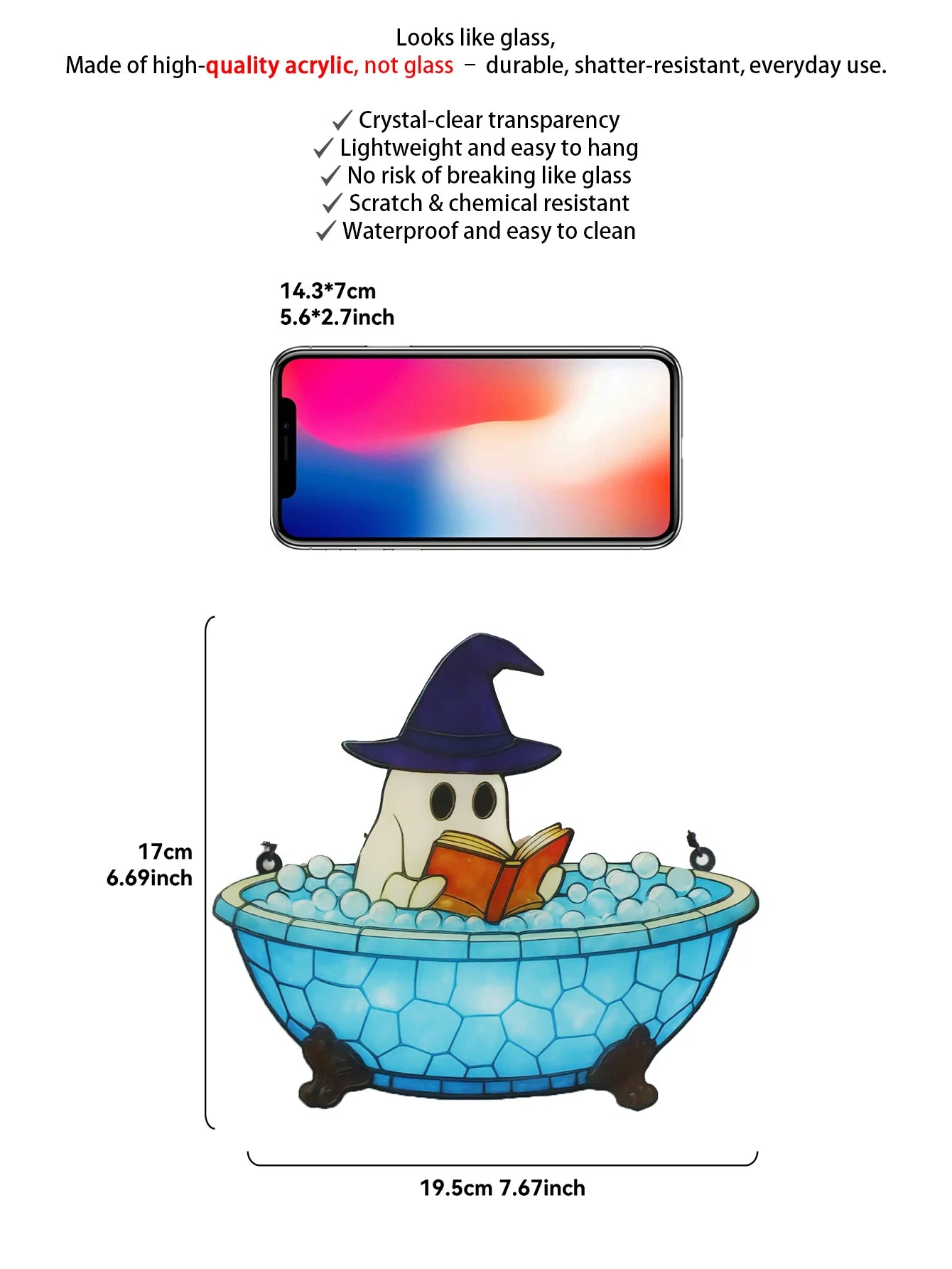 Acrylic Halloween Ghost Window Hanging Blue Bathtub & Witch Hat Design Cute Ghost in Reading Book Pendant Spooky Wall Decor Gift