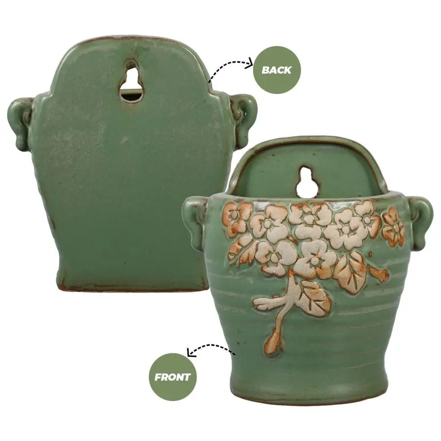 Vintage Ceramic Wall Planter 8 Inch Green Retro Flower Pot for Farmhouse Decor, Indoor Outdoor Hanging Planter for Succulents, H