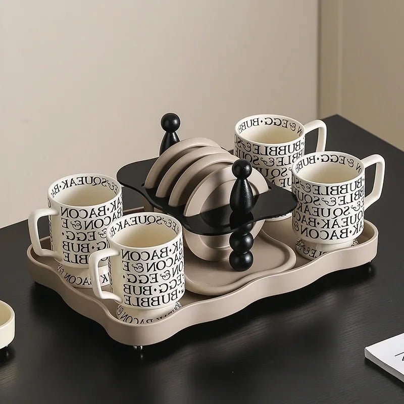 Vintage Luxury Water Cup Tray Retro Teaware Display Organizer Afternoon Tea Glass Storage Rack with Coaster Set for Home Decor