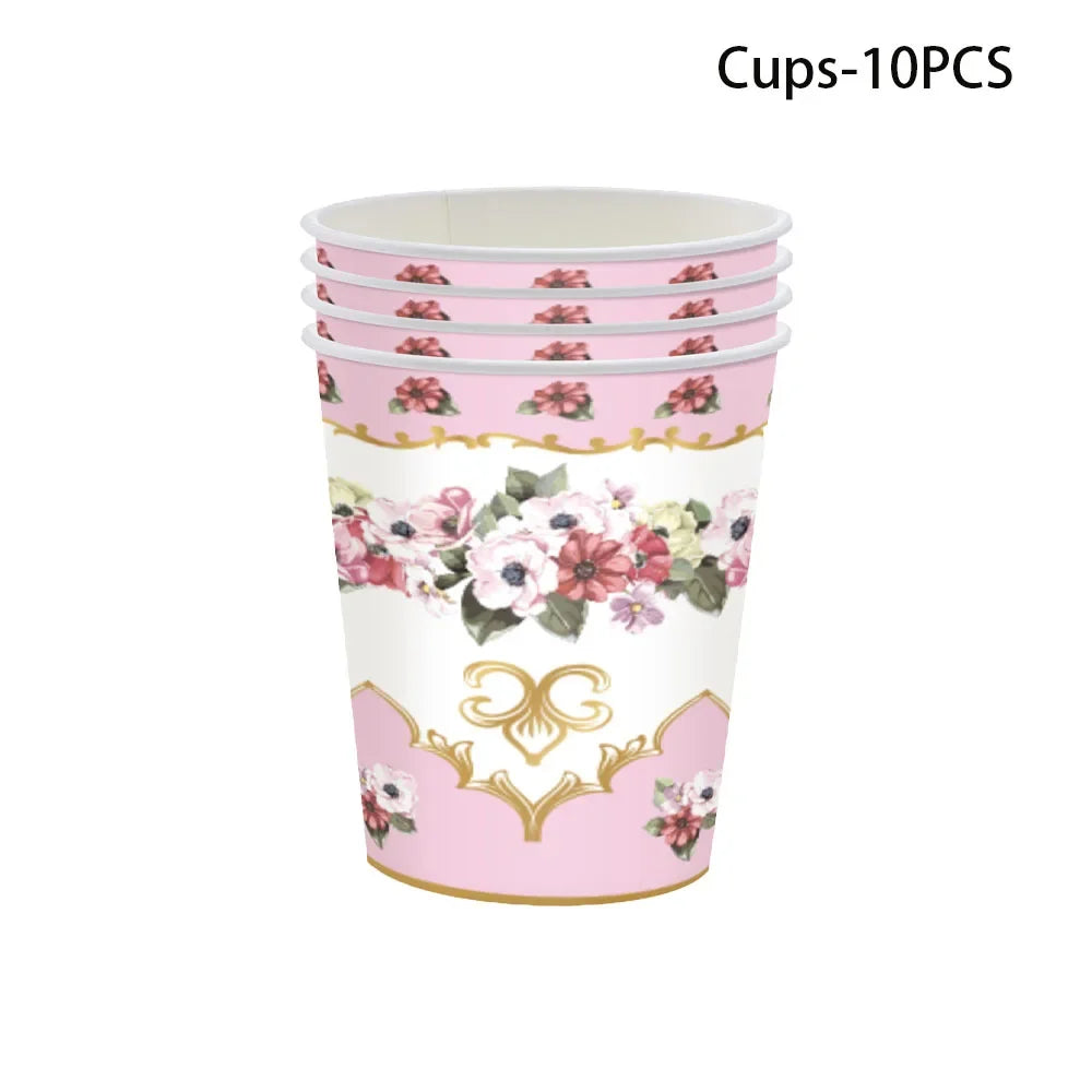 Vintage Floral Tea Party Tableware Set Elegant Pink Paper Plates Cups Napkins EVJF Girls Birthday Bridal Shower Wedding Decor