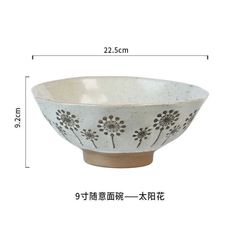 coarse pottery bowl, retro ceramic tableware, underglaze colored noodle bowl, lace soup bowl, household hat  commercial ramen