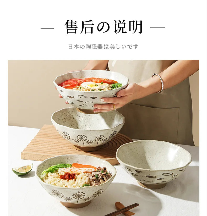 coarse pottery bowl, retro ceramic tableware, underglaze colored noodle bowl, lace soup bowl, household hat  commercial ramen