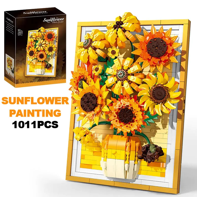 Creative Van Gogh Sunflowers Bouquet Painting Building Blocks Flower Potted Plant  Decoration Assemble Bricks Toy For Gift Adult