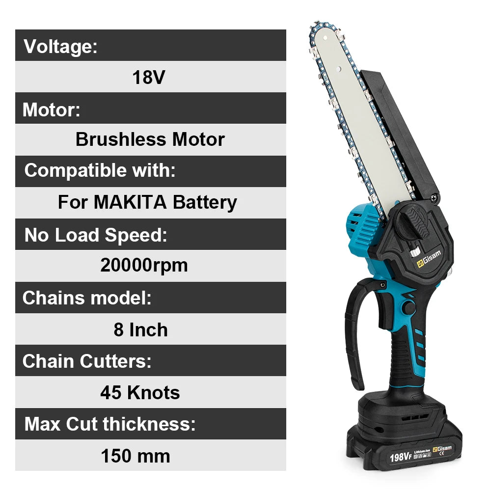Gisam 8 Inch Brushless Chain Saw Cordless Electric Saw Woodworking Garden Pruning Chainsaw Power Tool For Makita 18V Battery Pin