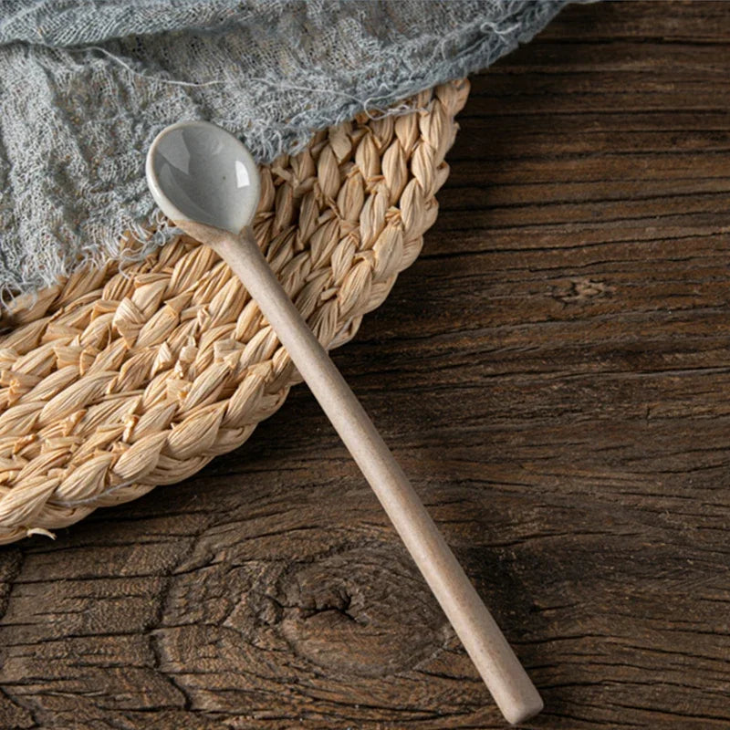 Vintage Japanese Ceramic Small Spoon Coffee Scoop With Long Handle Rough Pottery Soup Spoon Cute Kitchen Accessories