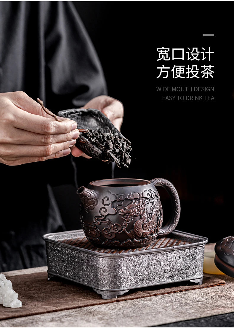 Suitable for collectionPurple Pottery Teapot Handmade Pile Carving Xianglong Pot Kung Fu Tea Set Purple Clay Pot Handmade