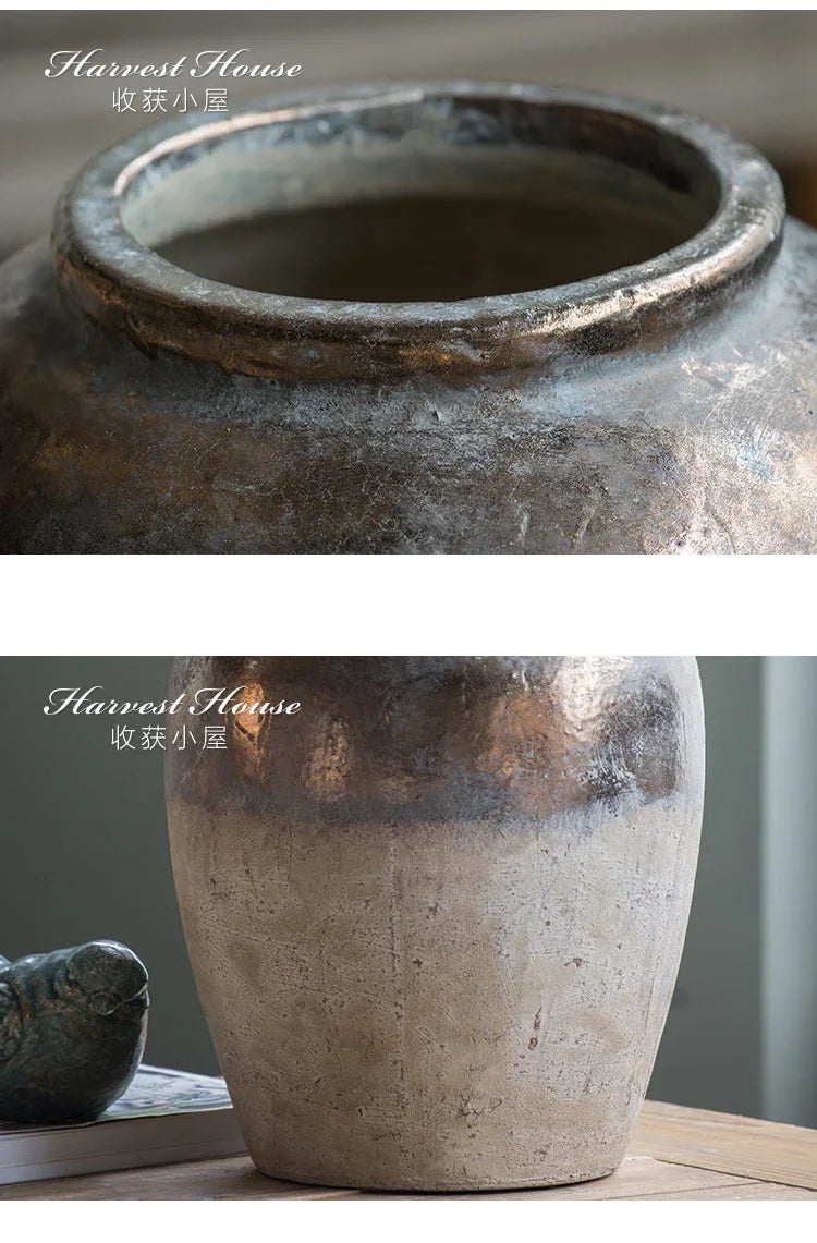 Vintage Distressed Coarse Pottery Vase Handmade Flower Arrangement Ornament for Living Room Bedroom - Unique Flower Vessel