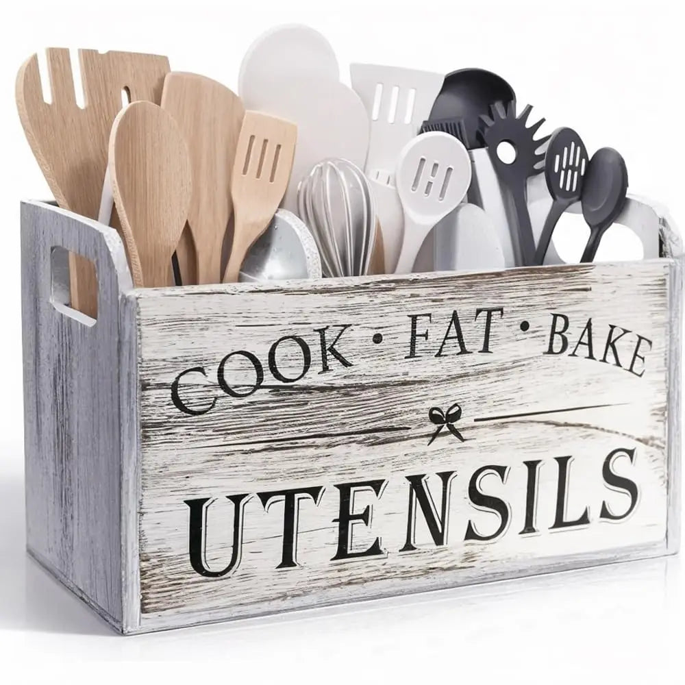 Kitchen Utensil Rack with Three Compartments Rustic Wooden Storage Box Vintage Tableware Farmhouse Dish Cabinet Forks Spoo