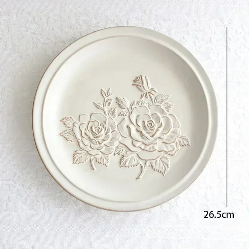Ceramic Plates Vintage Style Dinner Plate Tulip Relief Ceramic Plates Steak Pasta Dishes Tableware Household Use Tableware Home