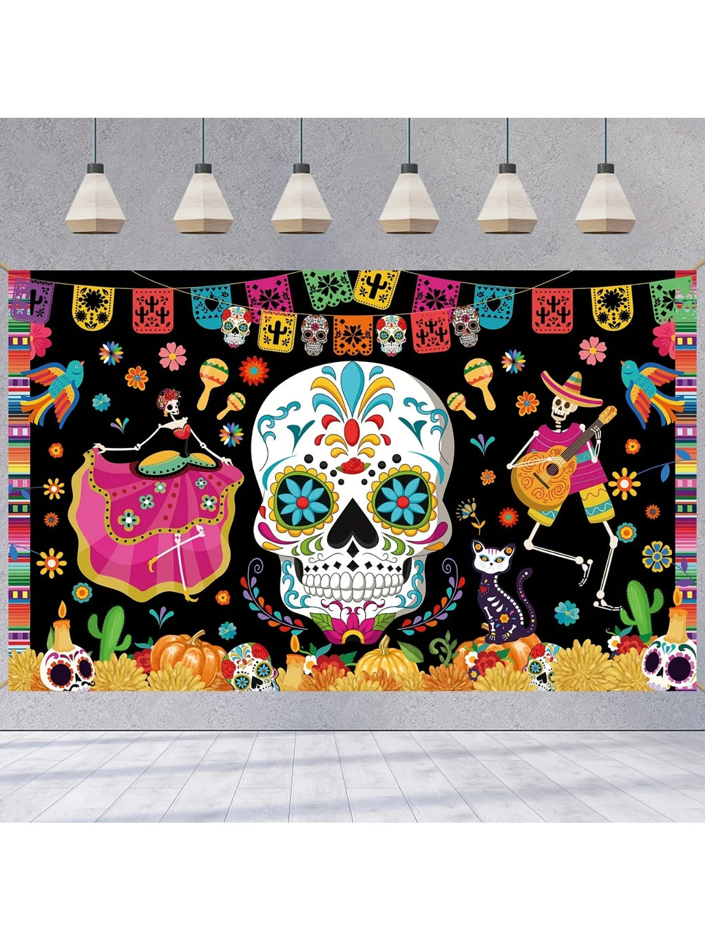 1PC Large Day of the Dead Background Banner Decoration, Halloween Banner Mexican Skull Banner, Horror Party Decoration Backgroun