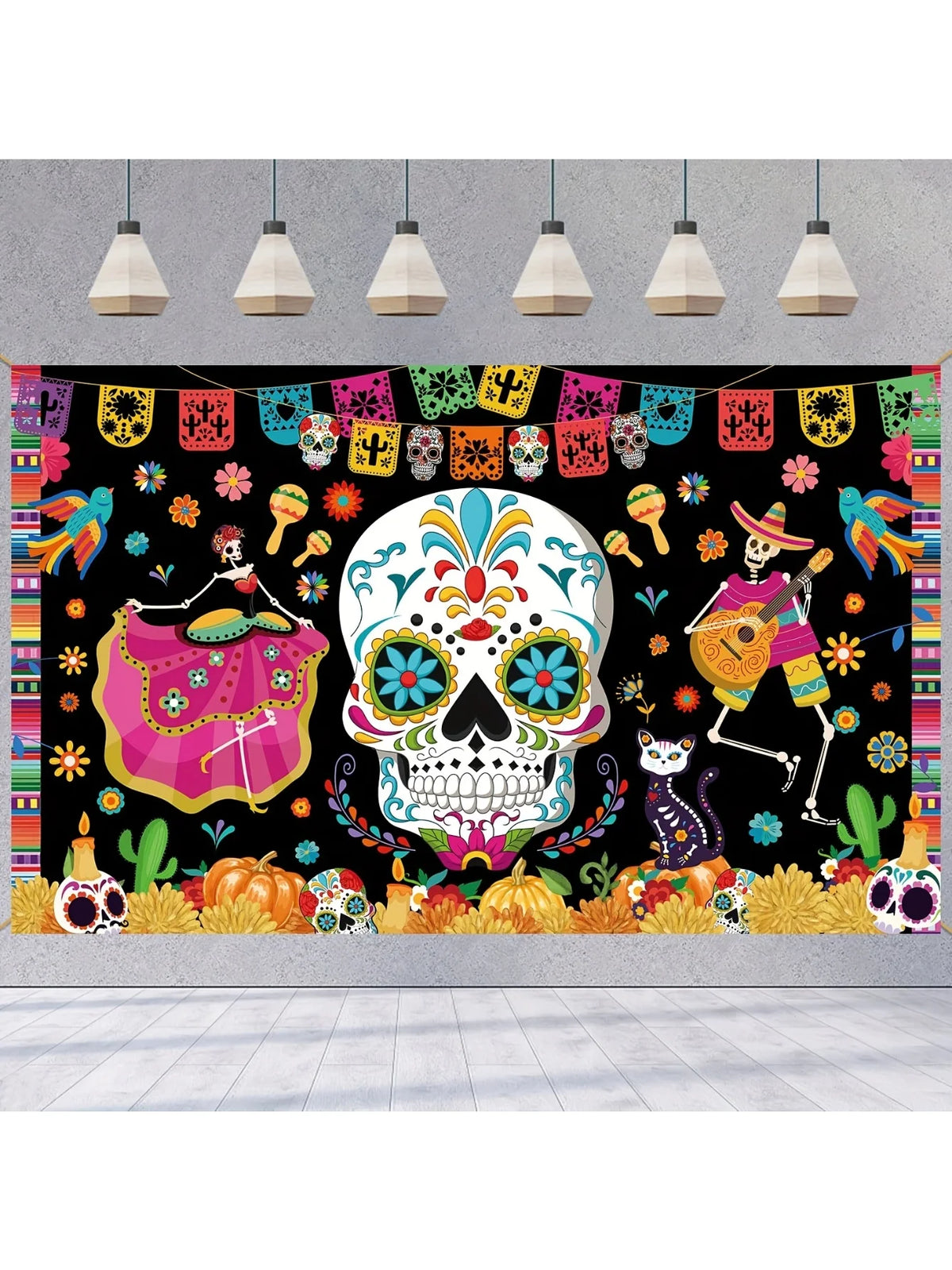 1PC Large Day of the Dead Background Banner Decoration, Halloween Banner Mexican Skull Banner, Horror Party Decoration Backgroun