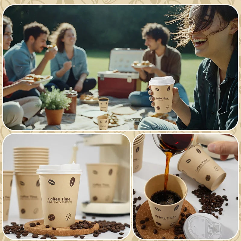 25/50Pack Disposable Paper Coffee Cups with Lids 12oz Bamboo Pulp To Go Drinking Paper Cups for Cold/Hot Drinks for Office Home