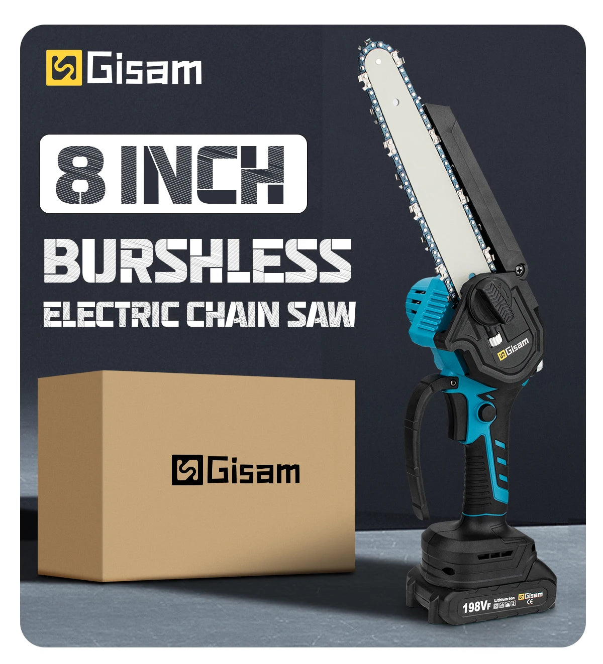 Gisam 8 Inch Brushless Chain Saw Cordless Electric Saw Woodworking Garden Pruning Chainsaw Power Tool For Makita 18V Battery Pin