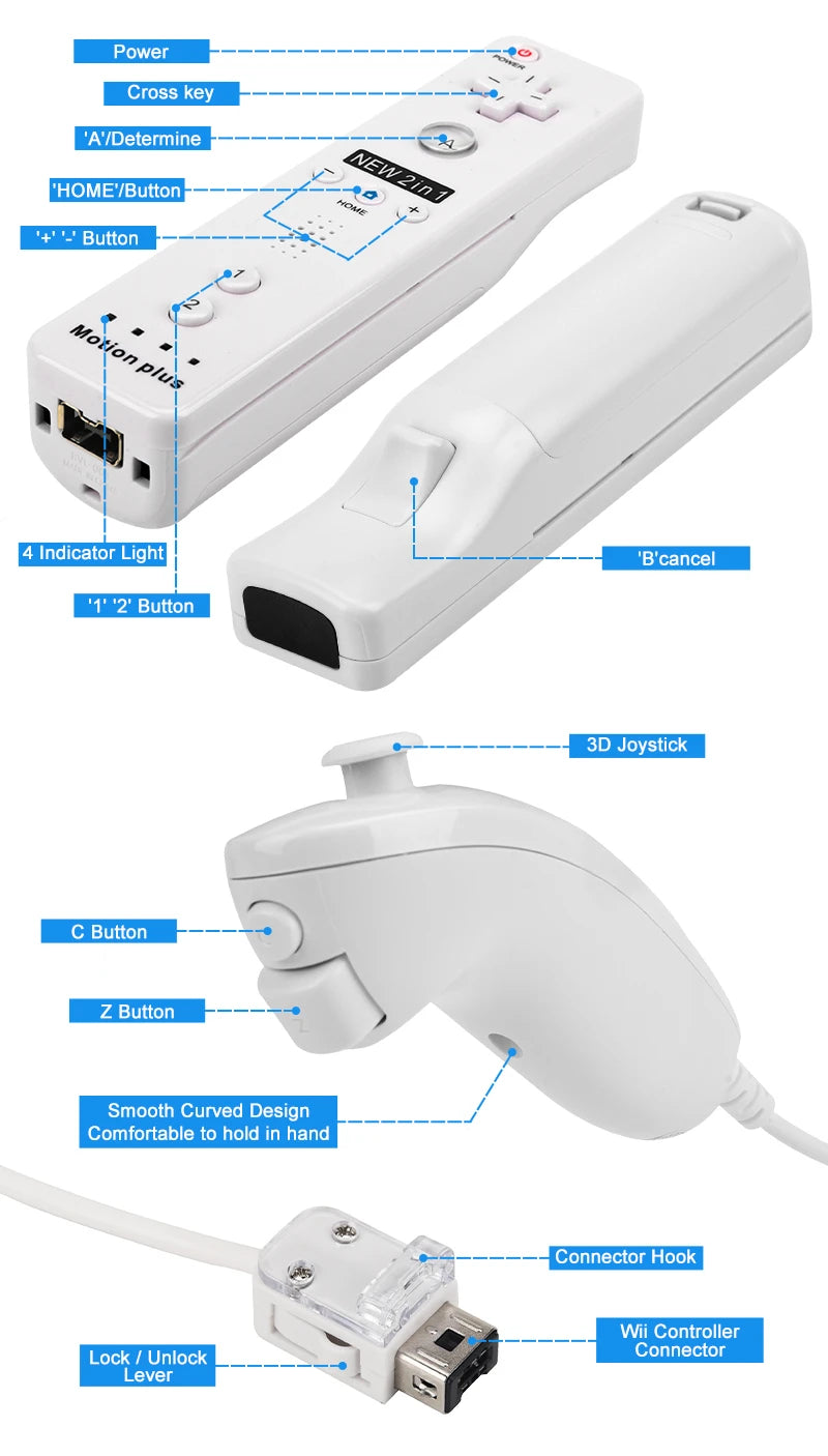 2PCS Remote Controller with Nunchuck Controller for Wii Console Wireless Gamepad with Motion Plus for  Wii Games Control