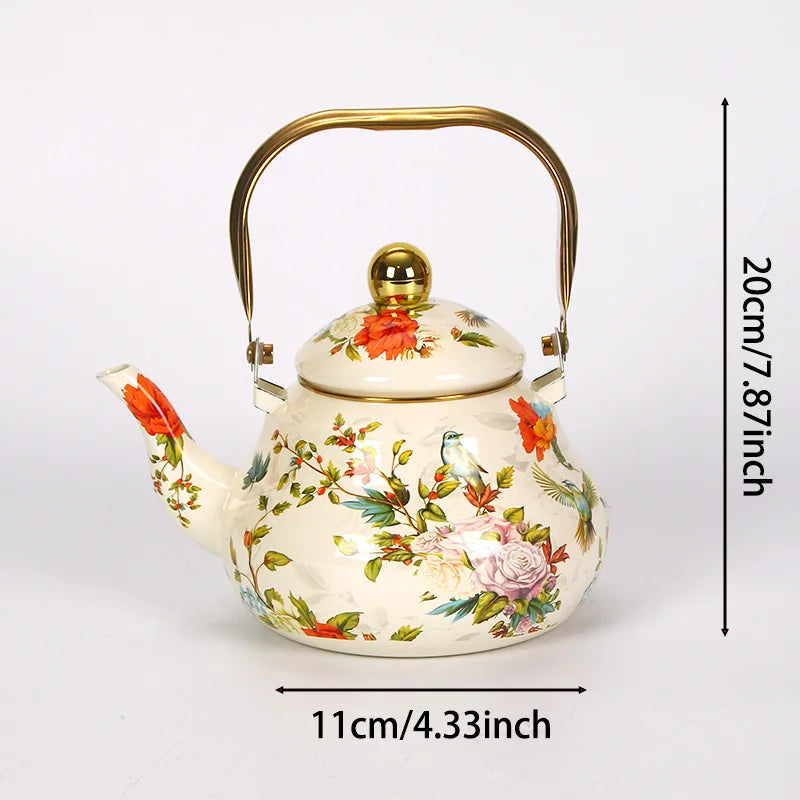1.5L Vintage Enamelware Kettle Classic Enamel Teapot with Golden Handle for Stovetop Use Kitchen Decor Gift for Tea Lovers
