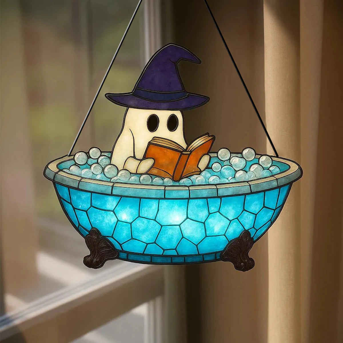 Acrylic Halloween Ghost Window Hanging Blue Bathtub & Witch Hat Design Cute Ghost in Reading Book Pendant Spooky Wall Decor Gift