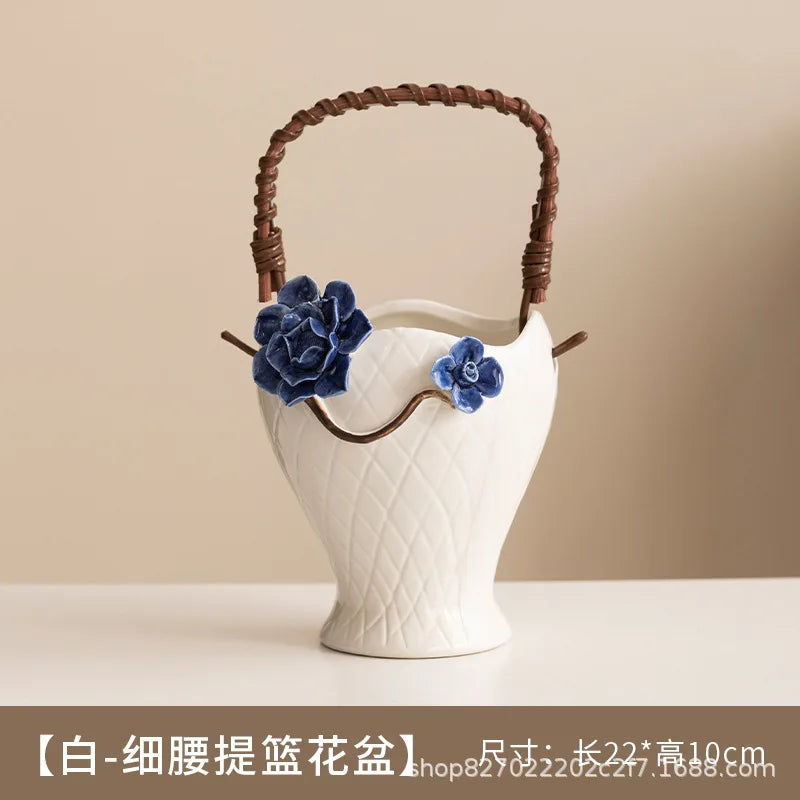 Handmade Ceramic Succulent Planter with Pinched Flowers, Flower Basket Shape Mini Pot for Desktop Cactus
