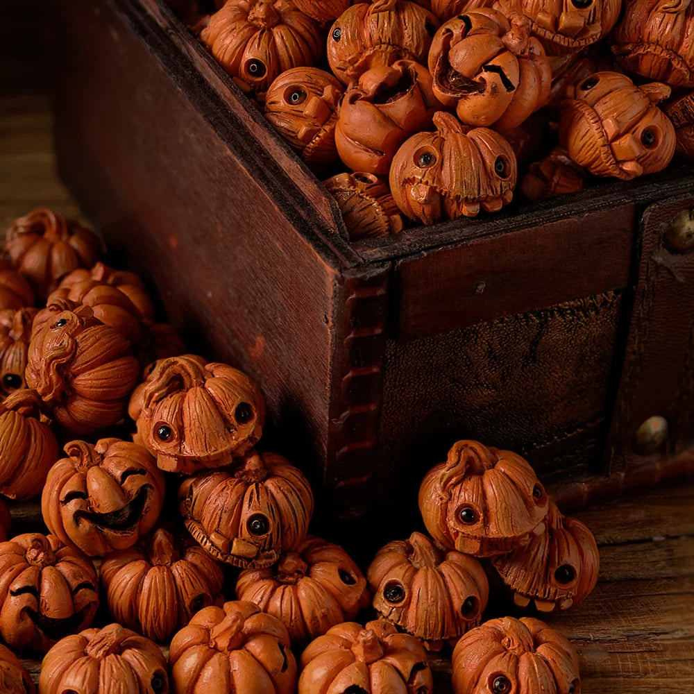 16pcs Halloween Mini Pumpkin Resin Figurines Vintage Spooky Decor Red Eyes Jack O Lantern Faces Battery Free Table Display