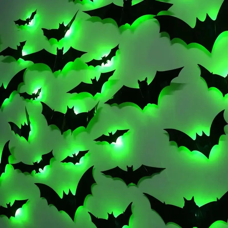 Halloween Decorations 3D Lighted Bats with Purple Green LED Lights Waterproof Window Wall Stickers for Indoor Outdoor Decor