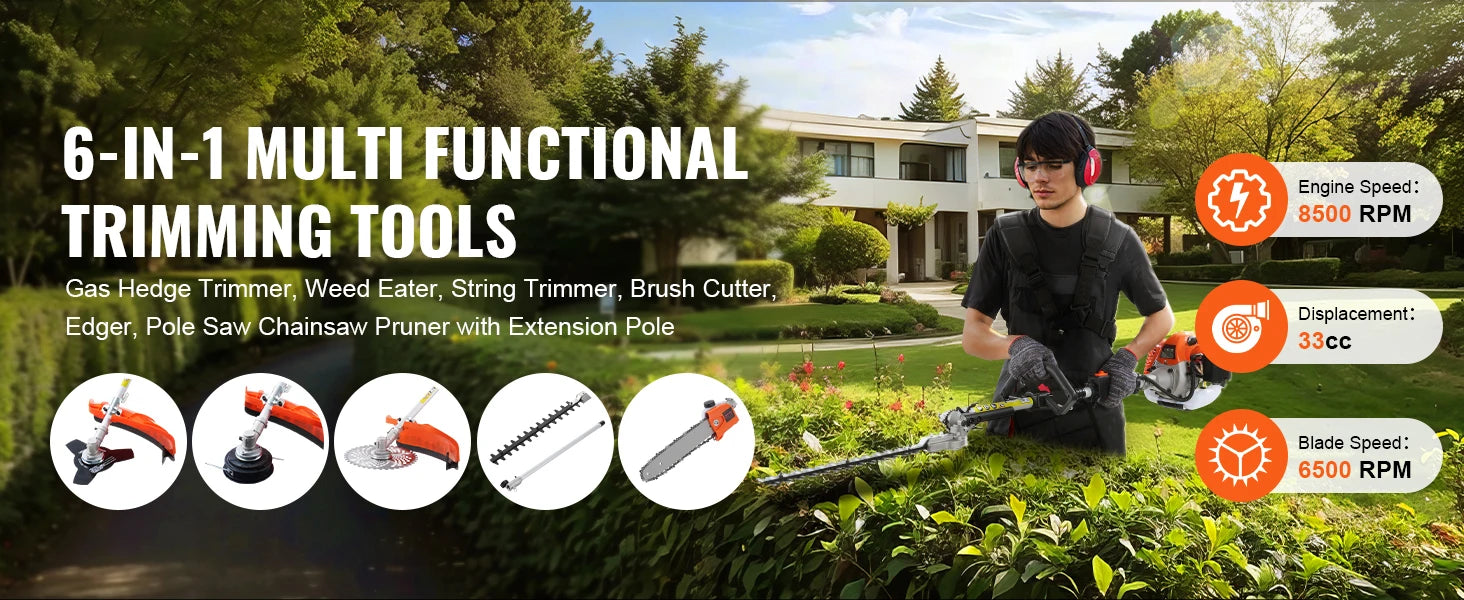 SucceBuy 33CC 6-in-1Multi-Functional Trimming Tools Gas Hedge Trimmer Weed Eater String TrimmerBrush Cutter Pole Saw Chainsaw