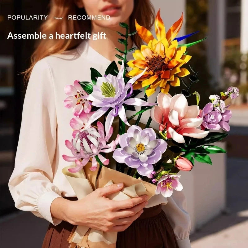 DIY Flower Building Blocks Botanical Plant Mini Bricks Sakura Sunflower Magnolia Bouquet Toy Desktop Decoration Gift