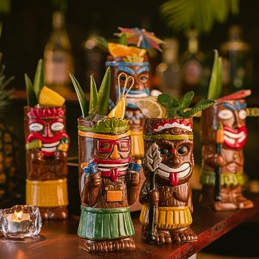 Cocktail Tiki Mugs Set Of 4 - Exotic Mug With 4 Coasters And 4 Straws Cute Ceramic Hawaiian Style Cocktail Glasses For Party An