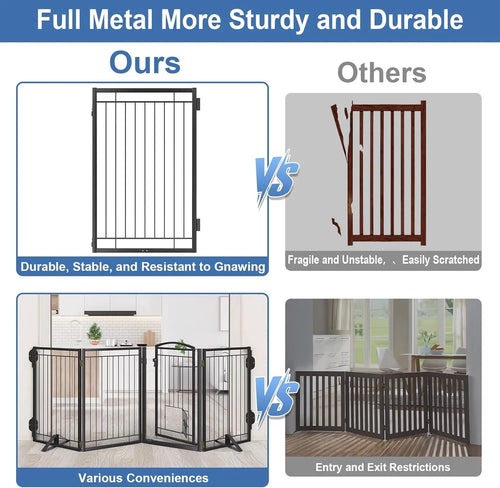 32" Tall Foldable Dog Gate with Cat Door, 80" Wide Freestanding Pet Fence for Indoor Outdoor Use, Stairs Deck Yard