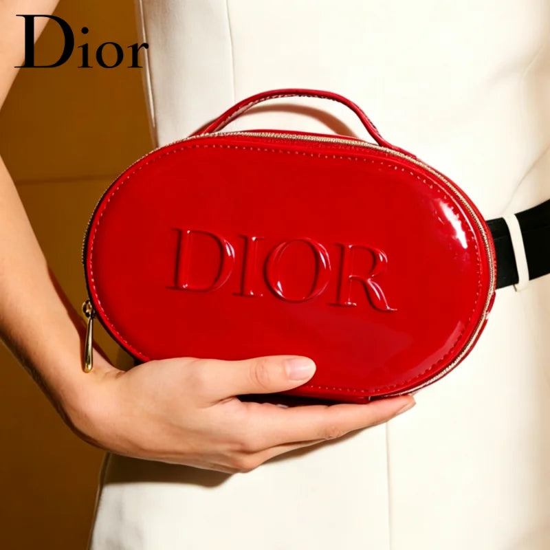 Dior Dior’s Bag Luxury Glossy Bright Red Oval Handheld Makeup Organizer Pouch Patent Leather Embossed Logo Waterproof Travel Cos