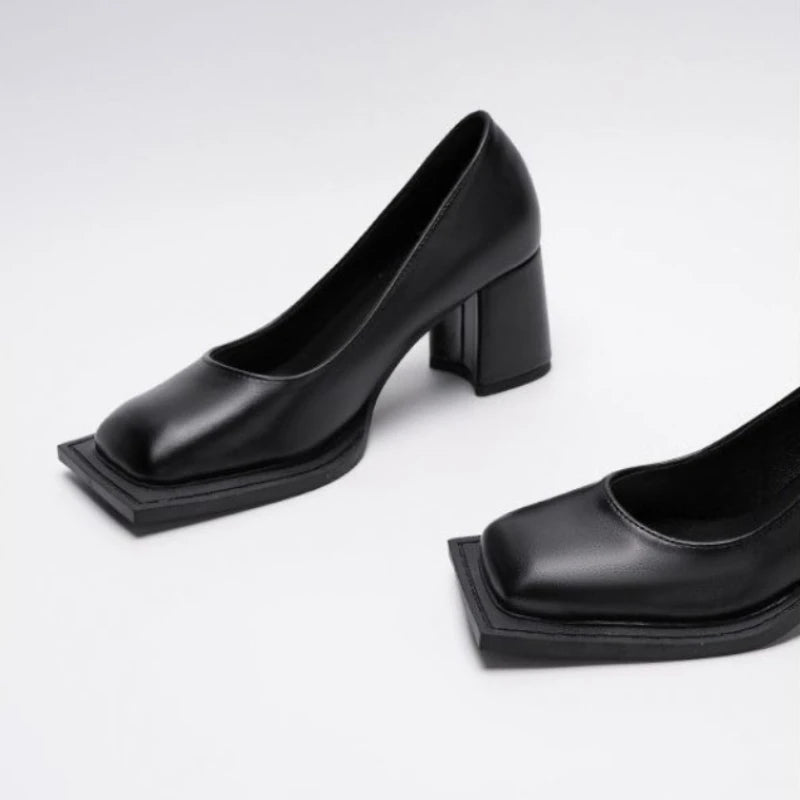 Retro Black Thick Heel Pumps Women Fashion Square Toe Shallow Designer Shoes Elegant Cozy Commuter Office Shoes Zapatos De Mujer