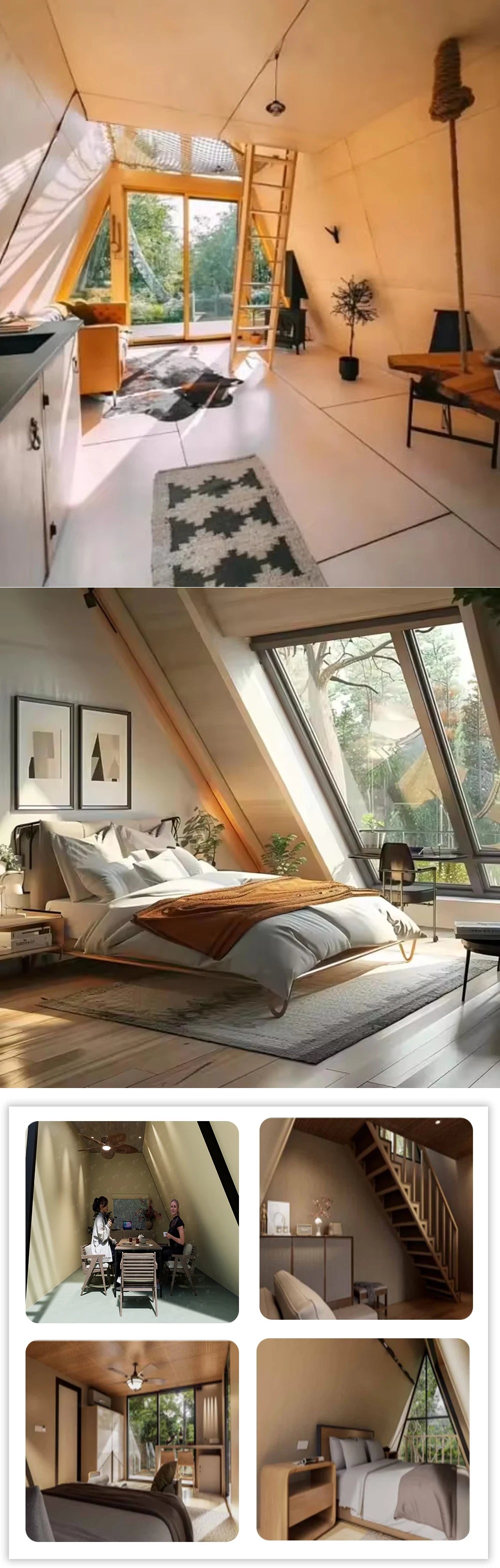 2-Story A-Frame Modern Movable Wood Cabin Prefab Triangle Tiny House for Forest B&B & Glamping Resort Customized