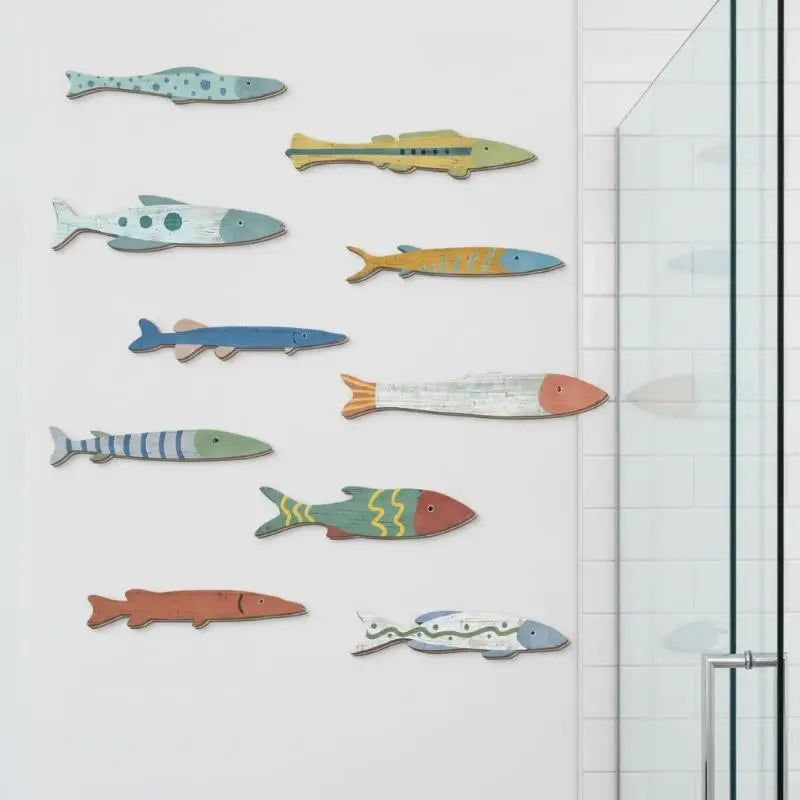 Handcrafted Wooden Ocean Wall Decor Fish Set Coastal Style For Home Bathroom