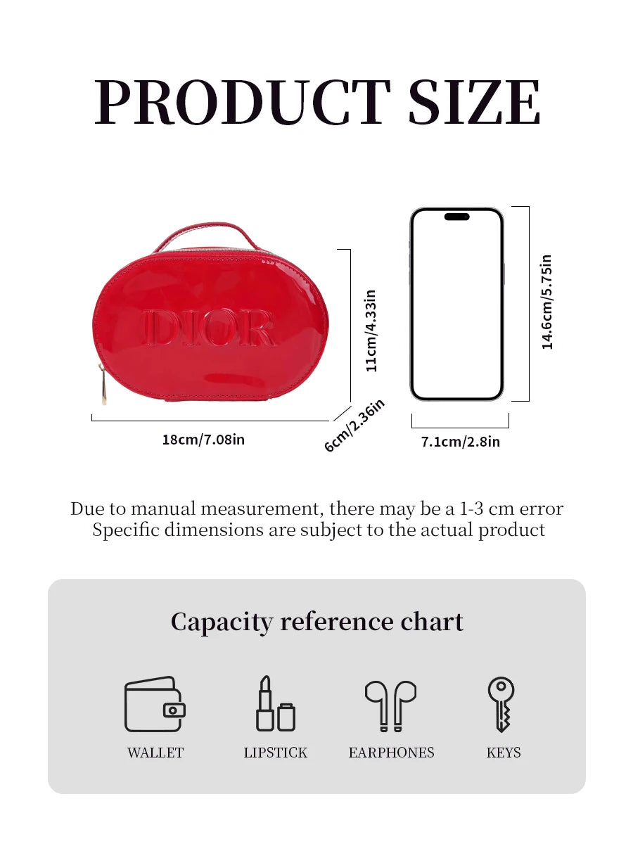Dior Dior’s Bag Luxury Glossy Bright Red Oval Handheld Makeup Organizer Pouch Patent Leather Embossed Logo Waterproof Travel Cos