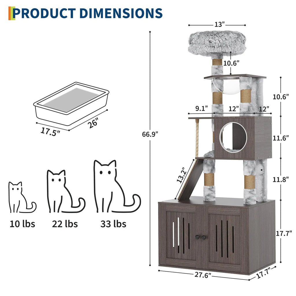Cat Tree Tower with Litter Box Enclosure, Multi-Level Cat Furniture Featuring Hammock and Washable Cushions, Indoor Cat Tower