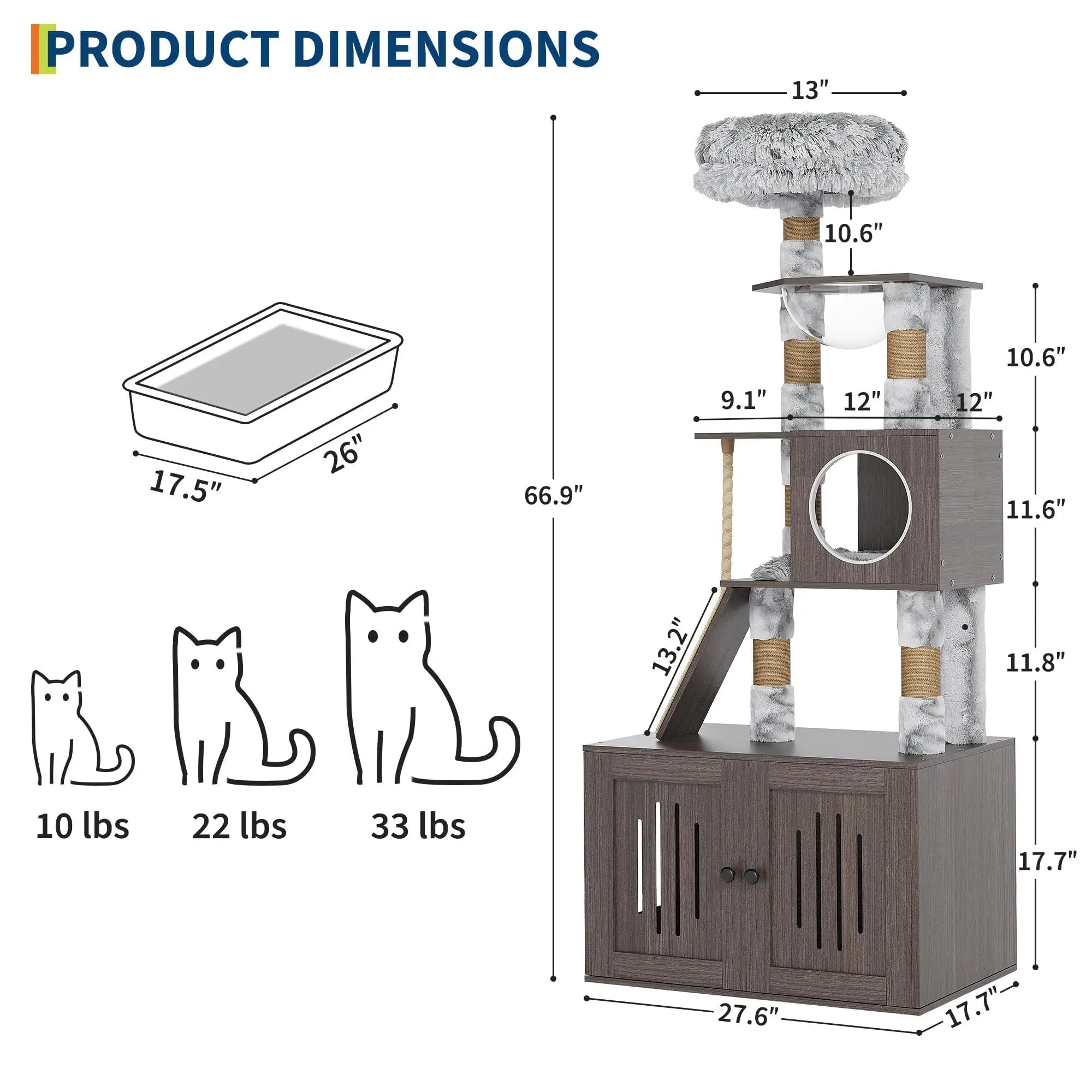 Cat Tree Tower with Litter Box Enclosure, Multi-Level Cat Furniture Featuring Hammock and Washable Cushions, Indoor Cat Tower