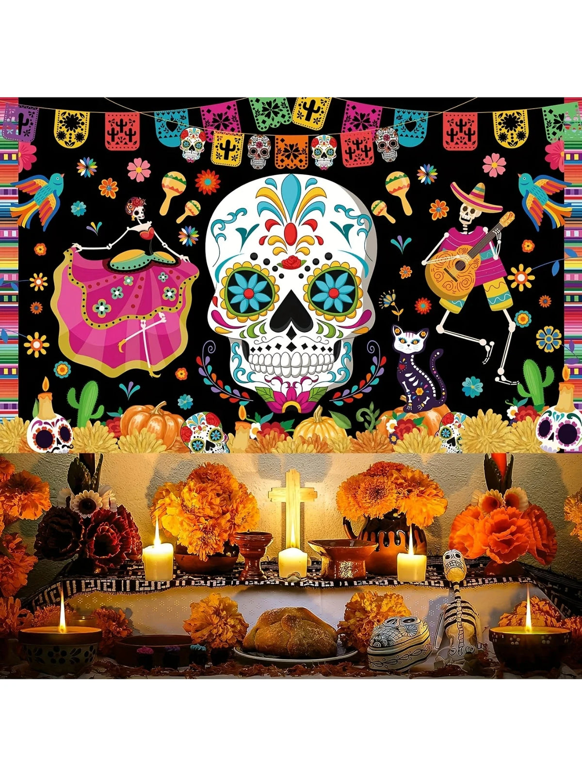 1PC Large Day of the Dead Background Banner Decoration, Halloween Banner Mexican Skull Banner, Horror Party Decoration Backgroun
