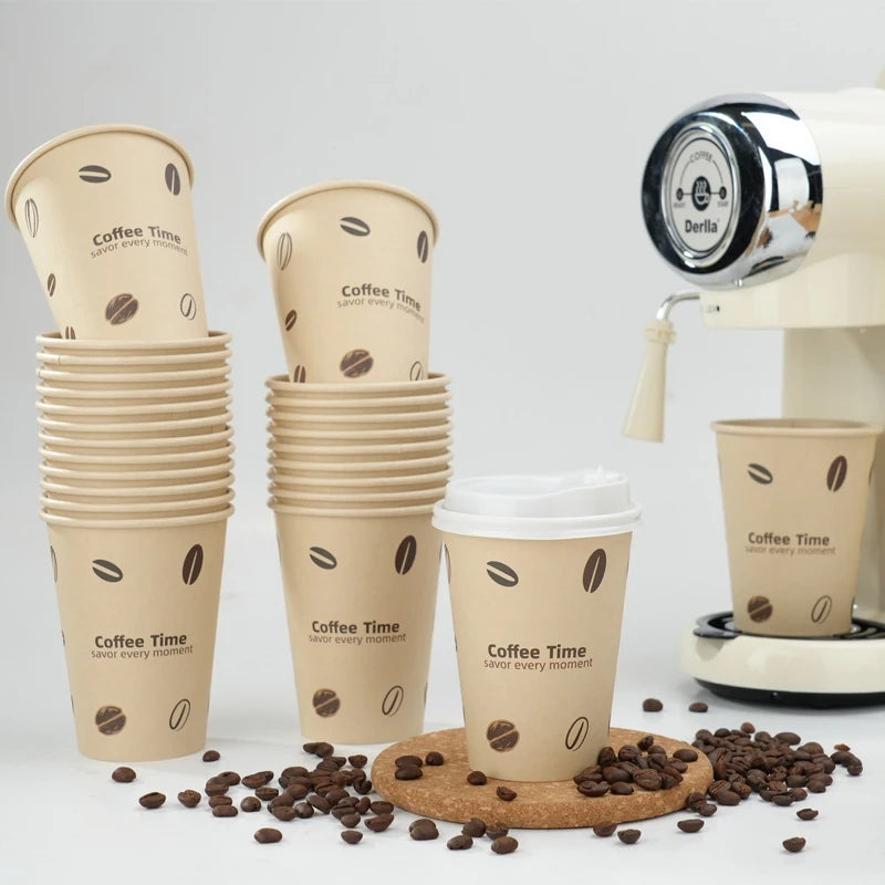 25/50Pack Disposable Paper Coffee Cups with Lids 12oz Bamboo Pulp To Go Drinking Paper Cups for Cold/Hot Drinks for Office Home