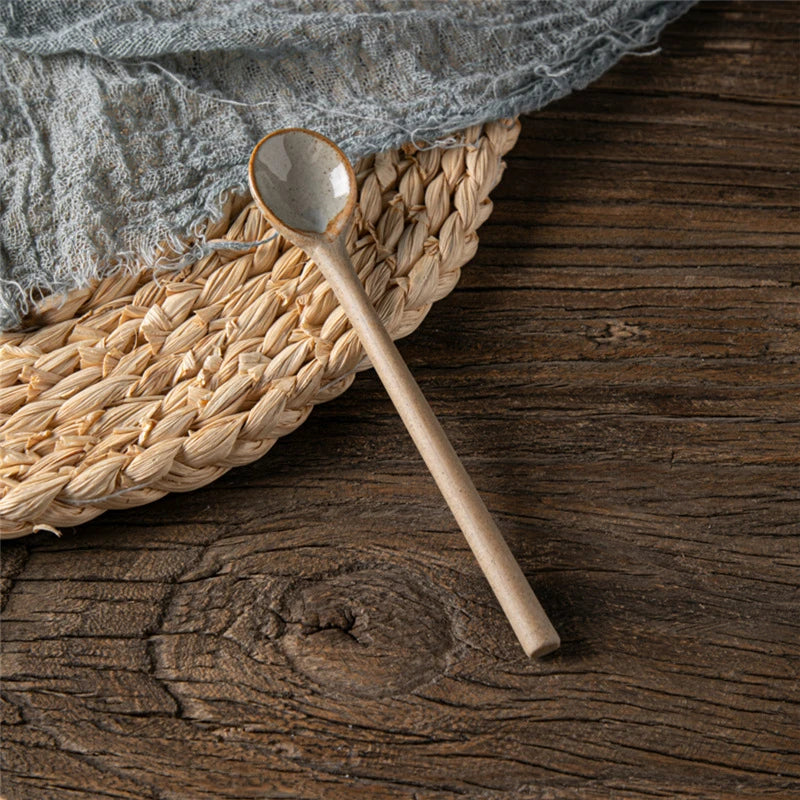 Vintage Japanese Ceramic Small Spoon Coffee Scoop With Long Handle Rough Pottery Soup Spoon Cute Kitchen Accessories